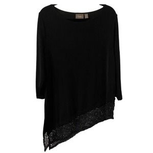 Chicos Travelers Size 2-L Tunic Top Asymmetric Lace Hem Slinky Knit Black